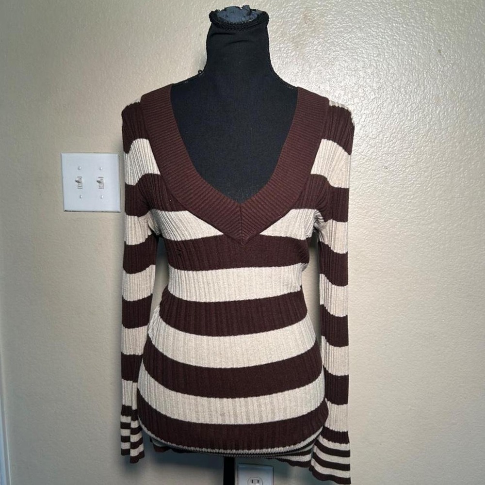 No Boundaries Brown Striped V-Neck Sweater Long Sleeve Y2K XL 15-17